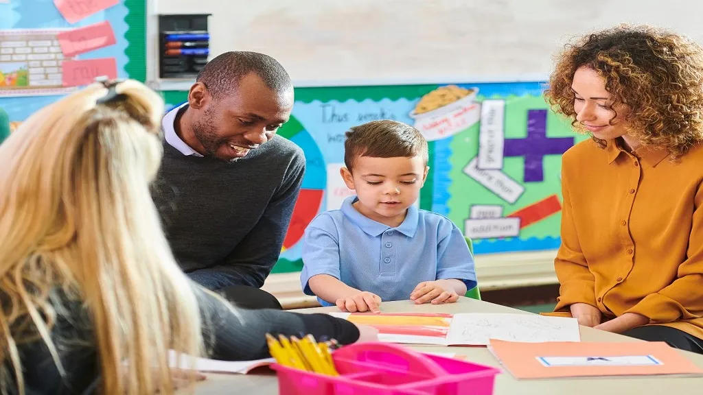 Teacher having a conference with student and parents.